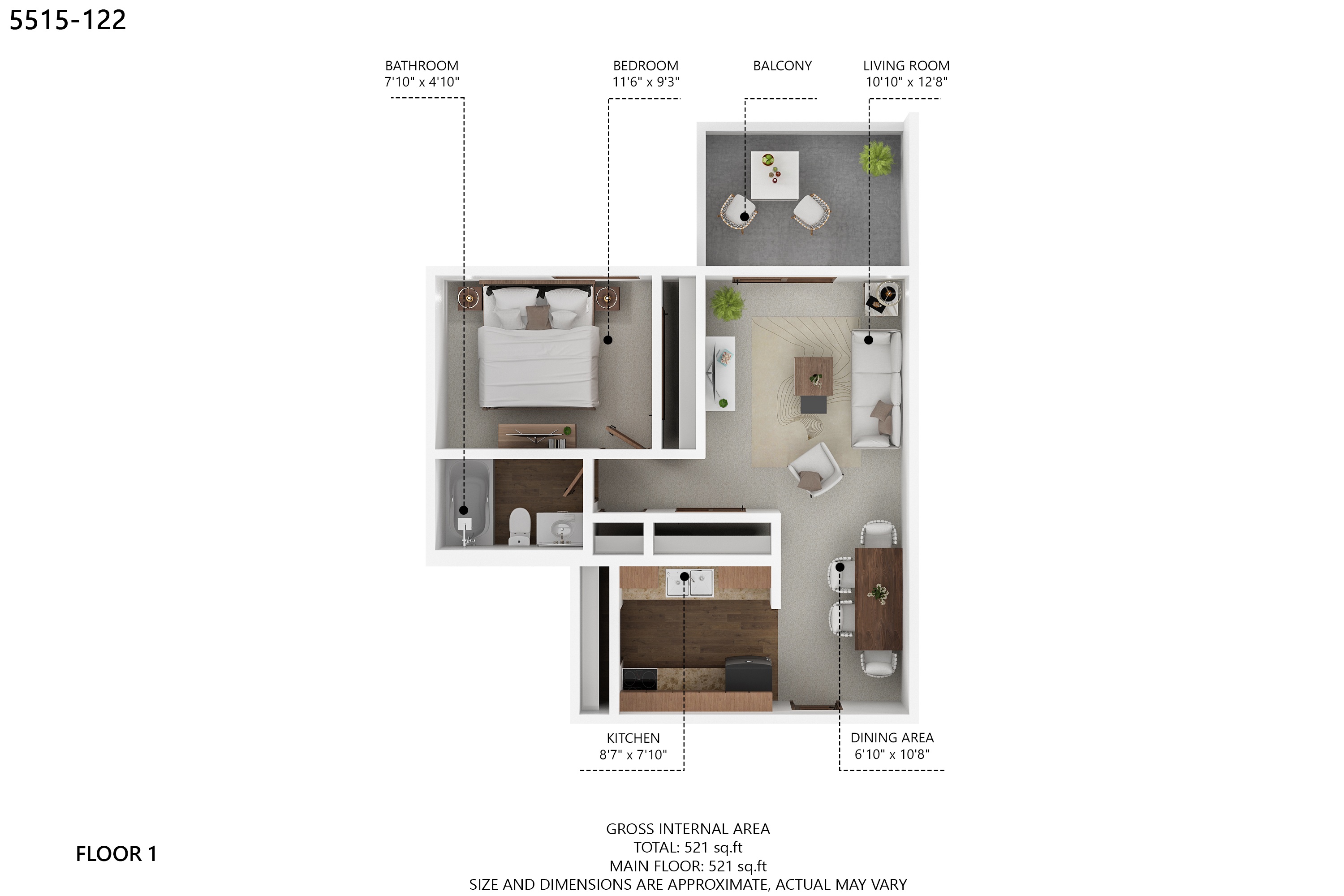 Floor plan for 1 bed, 1 bath, 580 sqft
